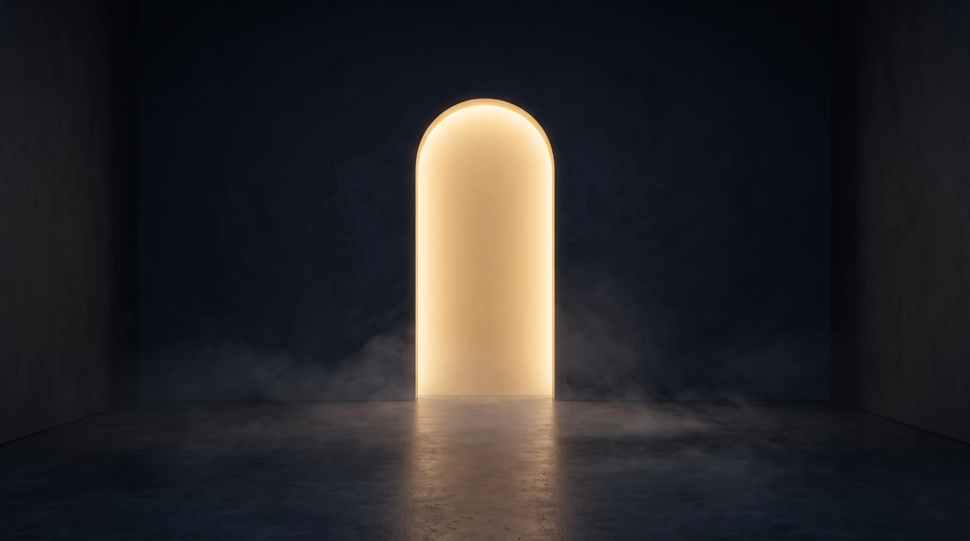Minimaler dunkler Studioraum bei Nacht mit einem leuchtenden goldenen Torbogen — Markenmotiv von Nachtluft Studio
