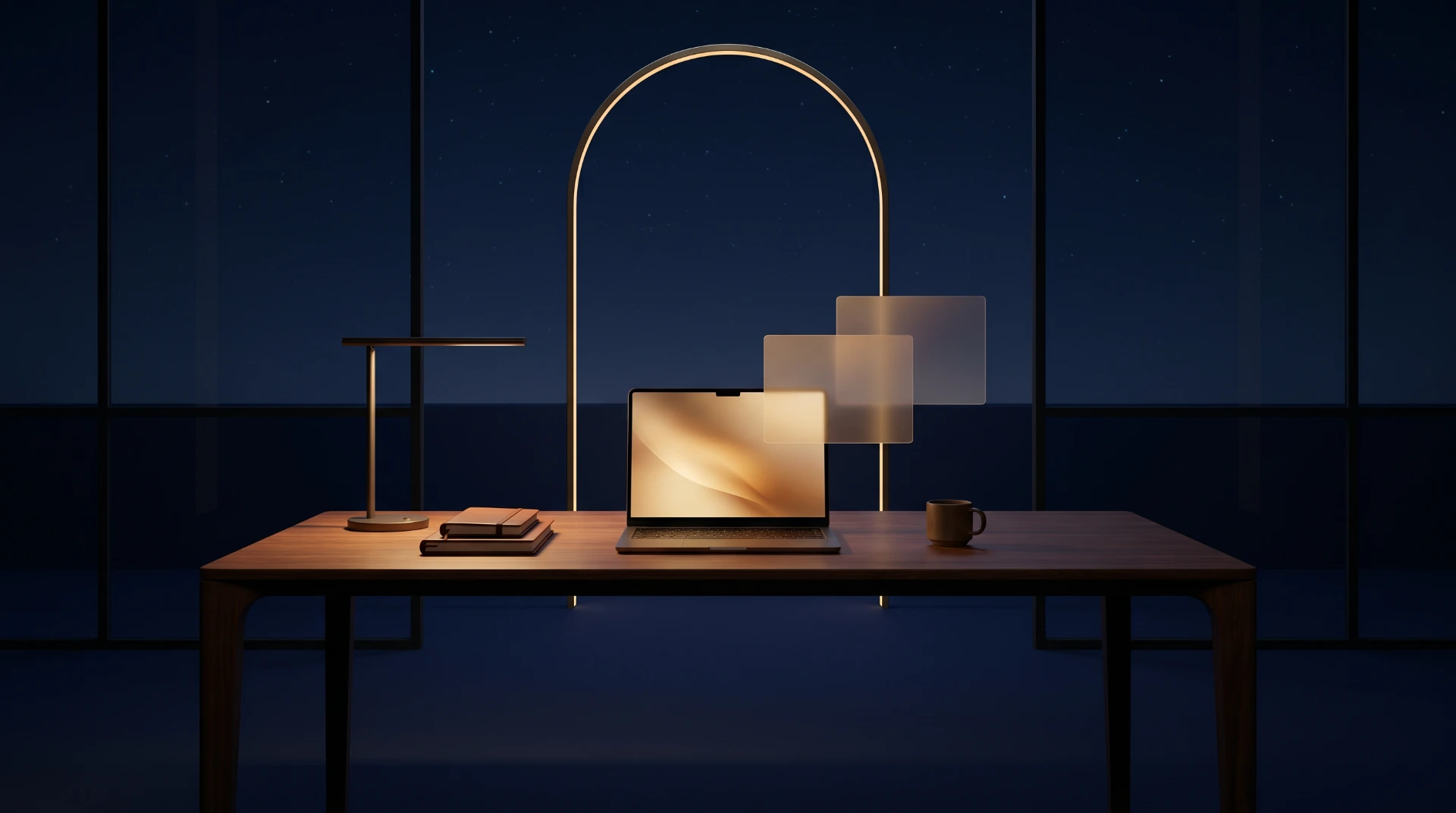 Modernisierte Unternehmens-Website auf einem Laptop in einem ruhigen, dunklen Premium-Studio, dahinter ein leuchtender goldener Torbogen