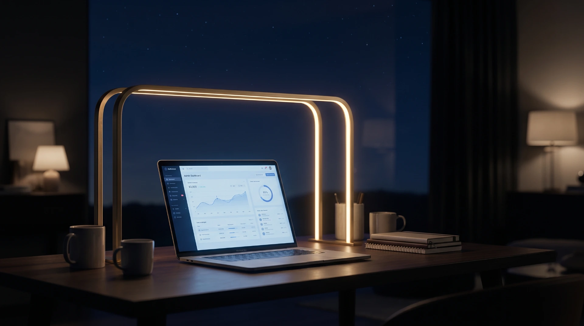 Dunkler Studio-Schreibtisch bei Nacht mit Laptop und großem Monitor mit unscharfen Website-Layouts, dahinter ein leuchtender goldener Torbogen — Sinnbild für die ehrliche Website-Analyse
