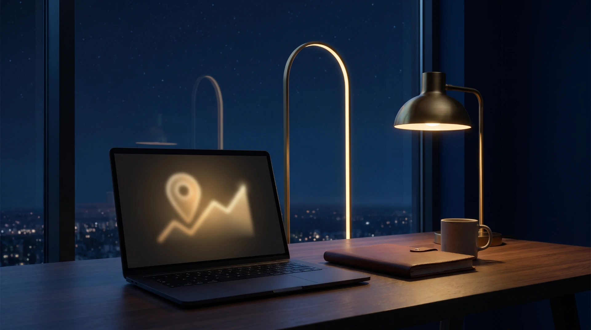 Ruhiges nächtliches Studio mit Laptop, Wireframe-Linien und einem leuchtenden goldenen Torbogen — Symbol für transparente Website-Kosten