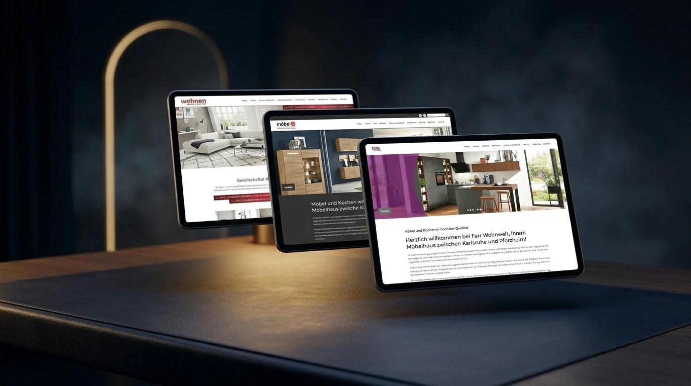 Drei Möbelhaus-Websites als Screens im Nacht-Studio