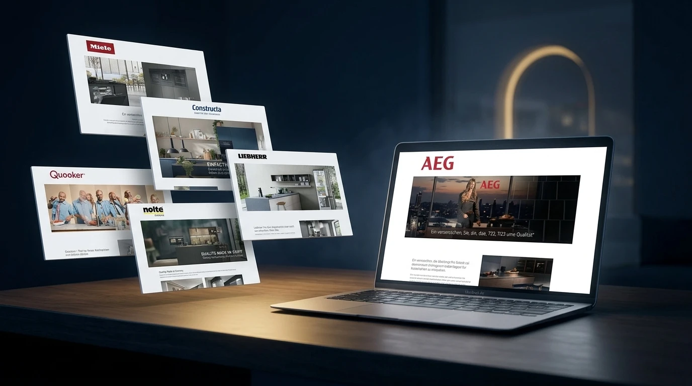 Gefächerte Marken-Landingpages (Miele, AEG u. a.) in Nacht-Studio-Szene